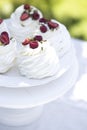 Pavlova cakes with cream and fresh summer berries. Pavlova cakes Royalty Free Stock Photo