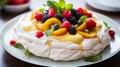 Pavlova dessert with strawberries, raspberries, blueberries and passionfruit topping. Generative AI Royalty Free Stock Photo
