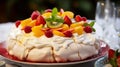 Pavlova dessert with strawberries, raspberries, blueberries and passionfruit topping. Generative AI Royalty Free Stock Photo