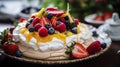 Pavlova dessert with strawberries, raspberries, blueberries and passionfruit topping. Generative AI Royalty Free Stock Photo