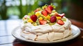 Pavlova dessert with strawberries, raspberries, blueberries and passionfruit topping. Generative AI Royalty Free Stock Photo