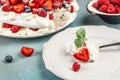 pavlova layer cake with Meringue, Whipped Cream, and Fresh Berries Royalty Free Stock Photo