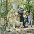 Pavlovsk park. The marble lion statue on the Large Stone staircase.