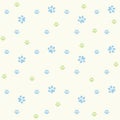 Scattered green and blue paws trace background