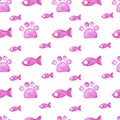 Paw cat watercolor pink fish featherless pattern on white background