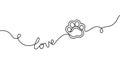 Paw continuous line drawing. One single hands drawn contour lines dog or cat. Design prints. Mark footprint oneline. Black lineart
