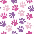 Paw crimson print seamless. Vector pink illustration animal paw track pattern. backdrop with silhouettes of cat or dog footprint Royalty Free Stock Photo