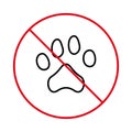 Paw Footprint Red Stop Outline Symbol. No Allowed Pet Walk Sign. Prohibit Puppy Foot Print. Ban Cat Dog Entry Zone Black