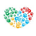 Paw in hands. Dog paw print made of colorful heart vector