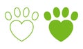 Paw Heart Animal Love Line and Silhouette Icon. Pet, Dog, Cat Footprint Pictogram Set. Foot Print Puppy Shape Sign. Cute