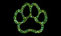 Paw made with ecological symbols on dark background