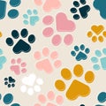 Paws or footprints of cats and dogs of different sizes and colors on a light gray background