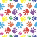 Paw pattern, seamless vector pattern silhouettes of paw, cat s feet, dog s footprint. Multicolor on a transparent