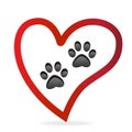 Paw pet inside of love heart logo vector icon.Paw prints pair Royalty Free Stock Photo