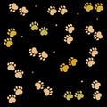 Paw print made of hearts made of golden colors. Valentine`s day black background