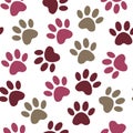 Paw print seamless. Vector illustration animal paw track pattern. backdrop with silhouettes of cat or dog footprint Royalty Free Stock Photo