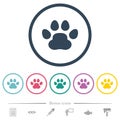 Paw print solid flat color icons in round outlines