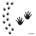 Paw prints, animal tracks, racoon footprints pattern. Icon and track of footprints. Black silhouette.