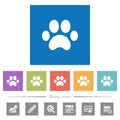 Paw prints flat white icons in square backgrounds