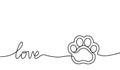 Paw prints. Hand drawn background footprint pet, dog or cat. Continuous line. Drawing single outline. Foot puppy. Black silhouette Royalty Free Stock Photo