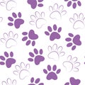 Paw purple print seamless. Vector illustration animal paw track pattern. backdrop with silhouettes of cat or dog footprint Royalty Free Stock Photo