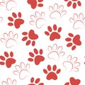 Paw red print seamless. Vector illustration animal paw track pattern. backdrop with silhouettes of cat or dog footprint Royalty Free Stock Photo