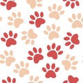 Paw red print seamless. Vector illustration animal paw track pattern. backdrop with silhouettes of cat or dog footprint Royalty Free Stock Photo