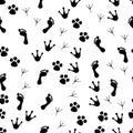 Paw seamless pattern. Animal and human paws. Footprint of cat, dog and bird for print. Cartoon or veterinary wallpaper with trace