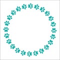 Turquoise animal pet paw prints round frame border. Royalty Free Stock Photo