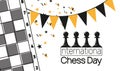 Pawn Pieces in Chess Board against white. International Chess Day vector banner template. Royalty Free Stock Photo