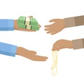 Pawnbroker hand holding pile of notes and giving it to a person pawning jewellery Royalty Free Stock Photo