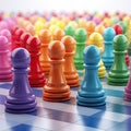 Pawns in rainbow color on the chessboard. Unity in diversity. Generative AI