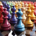 Pawns in rainbow color on the chessboard. Unity in diversity. Generative AI