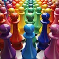 Pawns in rainbow color on the chessboard. Unity in diversity. Generative AI