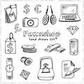 Pawnshop hand drawn doodle set. Sketches. Vector illustration for design and packages product. Symbol collection Royalty Free Stock Photo