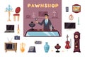 pawnshop. pawnbroker commercial lombard jewelry price service, financial deal property, pawn shop items collection