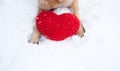 Valentines Day card with dog on white background. Paws of German Shepherd of red color on snow with large soft toy red heart Royalty Free Stock Photo