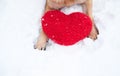 Valentines Day card with dog on white background. Paws of German Shepherd of red color on snow with large soft toy red heart Royalty Free Stock Photo