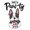 French Bulldog with strawberry cake Let`s party cartoon, Happy Birthday card illustration Royalty Free Stock Photo