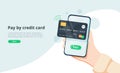 Pay by credit card via electronic wallet wirelessly on phone. New mobile banking app and e-payment vector illustration.