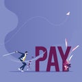 Pay cutting concept vector. Businessman cut tax word with sword Royalty Free Stock Photo