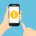 Pay with dollar coin. Hand holding a mobile phone to transaction with yen isolated on blue background vector illustration Royalty Free Stock Photo