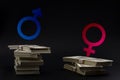 The pay gap and discrimination conceptual idea with the Mars symbol for men and Venus symbol for women on top of unequal stacks of