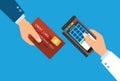 Pay merchant hands credit card flat vector illustration payment edc electronic data capture transaction point of sales pos