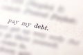 Pay my debt line in a book, printed word debt highlighted, selective focus, pointed out. Paying off debt reminder memo note