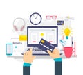 Pay online concept on modern technology devices with responsive flat web design Royalty Free Stock Photo