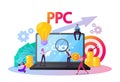 Pay Per Click Concept. Tiny Characters at Huge Computer Desktop with Cursor Clicking on Ad Button Royalty Free Stock Photo