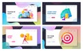 Pay Per Click Landing Page Template Set. Tiny Characters at Huge Computer with Cursor Clicking on Ad Button Royalty Free Stock Photo