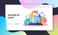 Pay Per Click Landing Page Template.Tiny Characters at Huge Computer with Cursor Clicking on Ad Button