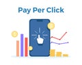 Pay Per Click vector flat illustration. Concept for mobile bank and internet payment, tax process. Flat banner, eps 10 Royalty Free Stock Photo